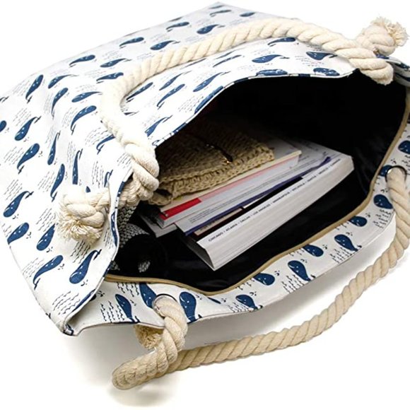 Navy Whale Canvas Tote Beach Bag - Picture 4 of 7